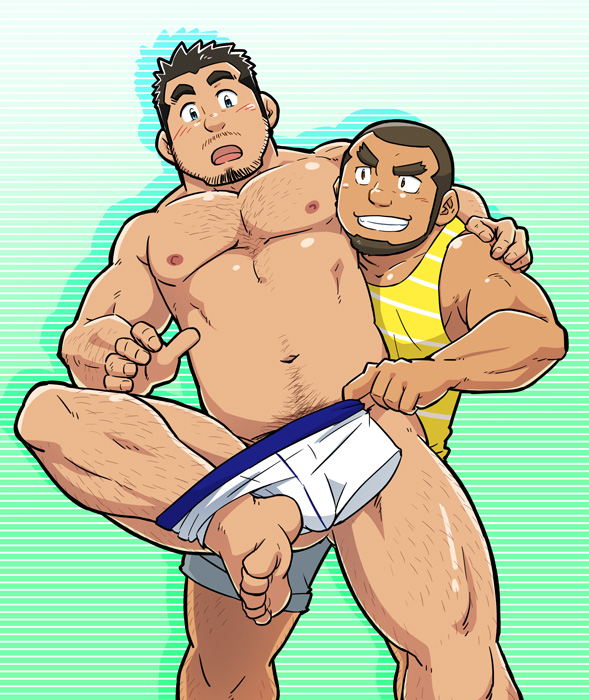 2boys :o arm_hair ass_visible_through_thighs bara beard belly blush buzz_cut chest_hair convenient_censoring couple facial_hair feet_out_of_frame forked_eyebrows goatee grey_shorts hairy hand_on_another's_shoulder leg_hair male_focus male_pubic_hair male_underwear male_underwear_pull mature_male multiple_boys muscular muscular_male navel nipples nude original pectorals plump pubic_hair short_hair shorts sideburns sidepec smirk stomach stubble suv tank_top thick_eyebrows thick_thighs thighs topless_male underwear undressing_another very_short_hair white_male_underwear yaoi yellow_tank_top