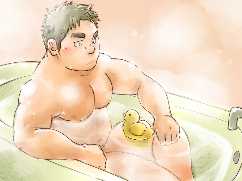 1boy bara bath bathing bathtub belly blush completely_nude feet_out_of_frame large_pectorals male_focus male_pubic_hair muscular muscular_male nipples nude original pectorals plump pubic_hair raised_eyebrow rubber_duck short_hair sideburns solo stomach suv thick_eyebrows thick_thighs thighs wet