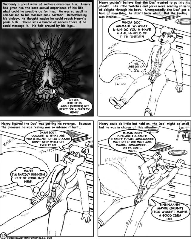 2003 animal_genitalia anthro anthro_on_anthro balls big_dom_small_sub biped bodily_fluids canid canine canis clothed clothing comic cum cum_on_self dci dialogue digital_drawing_(artwork) digital_media_(artwork) dominant duo ejaculation english_text erection fully_sheathed genital_fluids genitals greyscale humanoid_genitalia humanoid_penis laboratory larger_male macro male male/male mammal micro micro_on_macro mink monochrome mustelid musteline nude orgasm penis sex sheath sheath_play sitting size_difference size_play smaller_male speech_bubble text true_musteline wolf