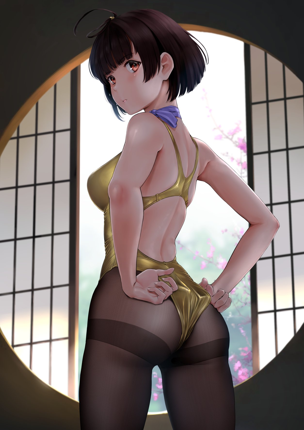 1girl adjusting_clothes adjusting_swimsuit ahoge ass black_legwear brown_eyes brown_hair competition_swimsuit cowboy_shot from_behind gold_swimsuit highres koutetsujou_no_kabaneri looking_at_viewer looking_back mumei_(kabaneri) one-piece_swimsuit pantyhose short_hair solo standing swimsuit thighband_pantyhose wa_(genryusui) window