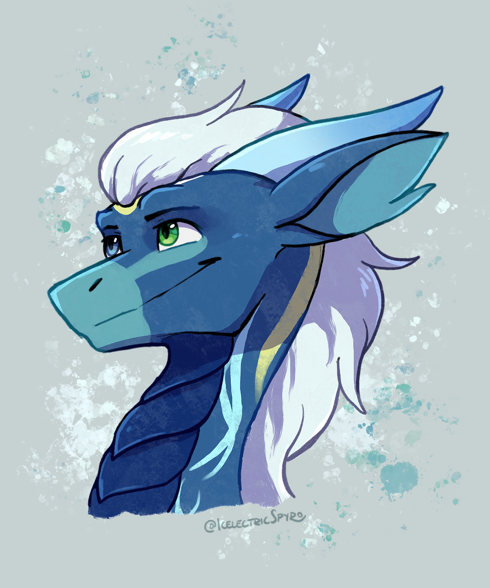 2022 digital_media_(artwork) dragon green_eyes hair headshot_portrait heterochromia hi_res horn icelectricspyro portrait smile solo white_hair