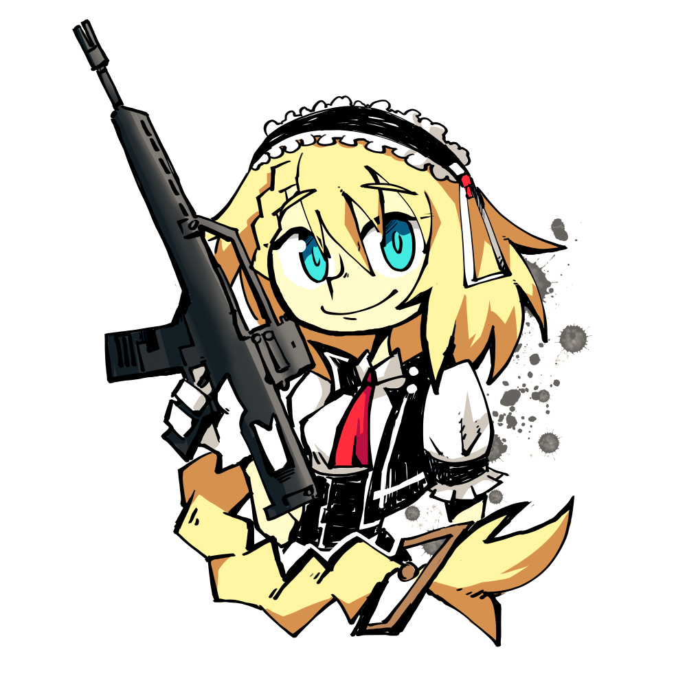 1girl assault_rifle bangs blue_eyes braid braided_ponytail breasts commission eyebrows_visible_through_hair g36_(girls'_frontline) girls'_frontline gun h&amp;k_g36 long_hair looking_at_viewer maid maid_headdress medium_breasts neckerchief puffy_short_sleeves puffy_sleeves rifle second-party_source setz short_sleeves smile solo very_long_hair weapon
