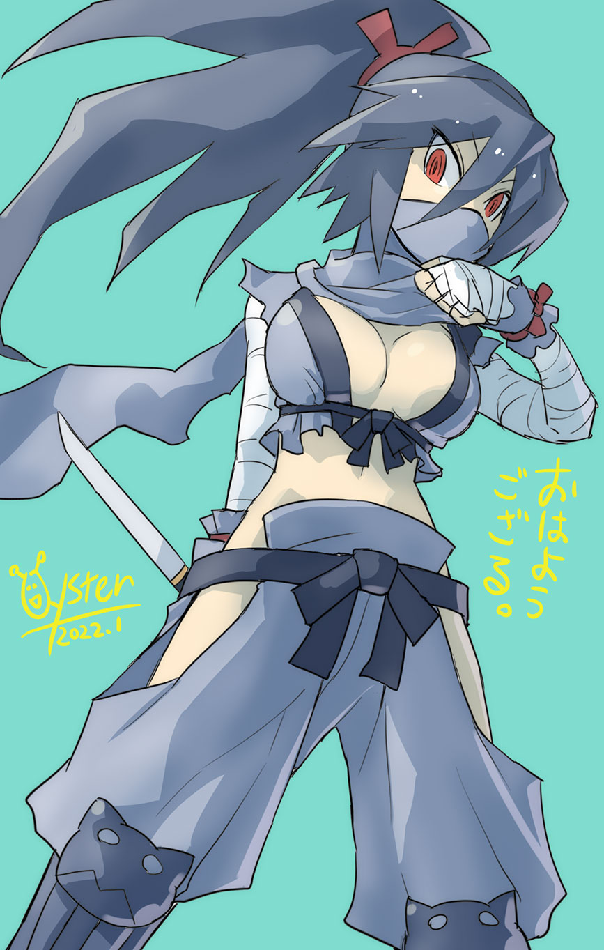 1girl aqua_background artist_name bandages bangs black_hair breasts check_commentary cleavage commentary_request disgaea eyebrows_visible_through_hair highres kunoichi_(disgaea) large_breasts long_hair looking_at_viewer mask midriff mouth_mask ninja ninja_mask ninjatou oyster_(artist) ponytail red_eyes reverse_grip scarf short_sword solo sword translation_request weapon