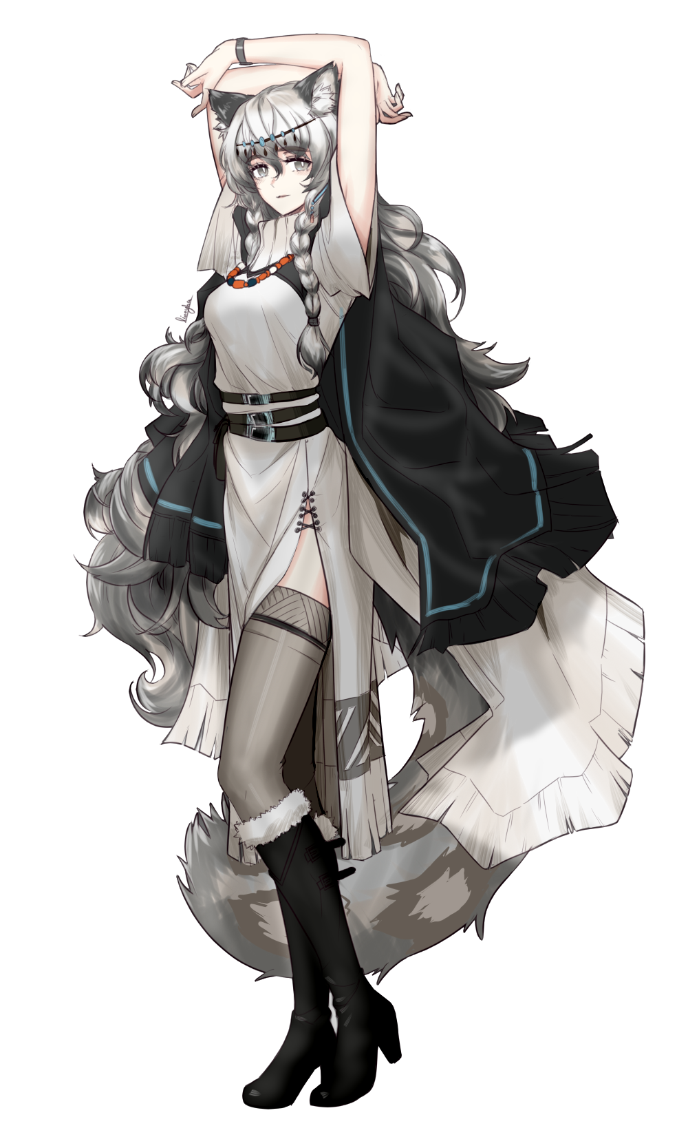1girl animal_ear_fluff animal_ears arknights arms_up bangs bead_necklace beads belt belt_buckle black_belt black_cape black_footwear boots bracelet braid breasts buckle cape commentary cross-laced_slit dress english_commentary eyebrows_visible_through_hair full_body fur-trimmed_boots fur_trim grey_dress grey_eyes grey_hair grey_legwear hair_ornament head_chain high_heels highres jewelry knee_boots large_tail leopard_ears leopard_tail lim_aya_w long_hair looking_at_viewer multiple_belts necklace open_mouth pelvic_curtain pramanix_(arknights) short_sleeve_sweater short_sleeves side_slit sidelocks sideways_glance simple_background solo standing sweater sweater_dress tail thighhighs transparent_background turtleneck turtleneck_dress turtleneck_sweater twin_braids very_long_hair wavy_hair white_background