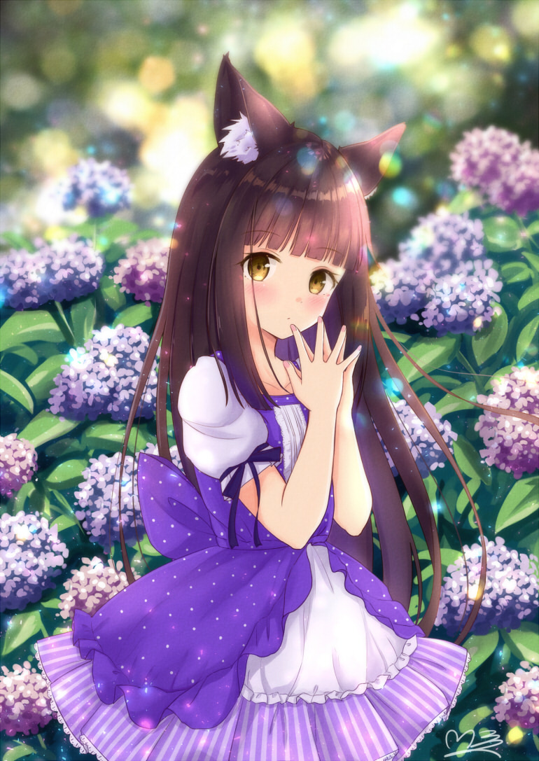1girl animal_ear_fluff animal_ears azur_lane bangs blunt_bangs blush bow_dress brown_hair collarbone cowboy_shot dress eyebrows_visible_through_hair flower frilled_dress frills hair_over_shoulder hands_up hydrangea lens_flare long_hair looking_at_viewer m_ko_(maxft2) multicolored_clothes multicolored_dress nagato_(azur_lane) own_hands_together purple_dress short_sleeves signature solo spread_fingers standing very_long_hair white_dress yellow_eyes