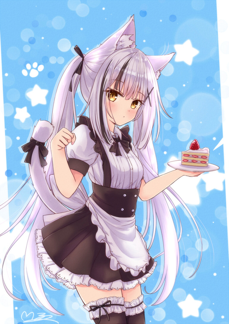 1girl animal_ear_fluff animal_ears apron bangs black_bow black_dress black_hair black_legwear blush bow bow_dress bow_legwear cake cat_ears cat_girl cat_tail cowboy_shot dress eyebrows_visible_through_hair food frilled_dress frilled_legwear frills hair_bow hair_ornament hair_over_shoulder hairpin hands_up holding holding_plate long_hair looking_at_viewer m_ko_(maxft2) maid multicolored_clothes multicolored_dress multicolored_hair original paw_pose plate short_dress short_sleeves signature silver_hair solo tail tail_bow tail_ornament tail_raised thighhighs twintails very_long_hair white_dress yellow_eyes zettai_ryouiki