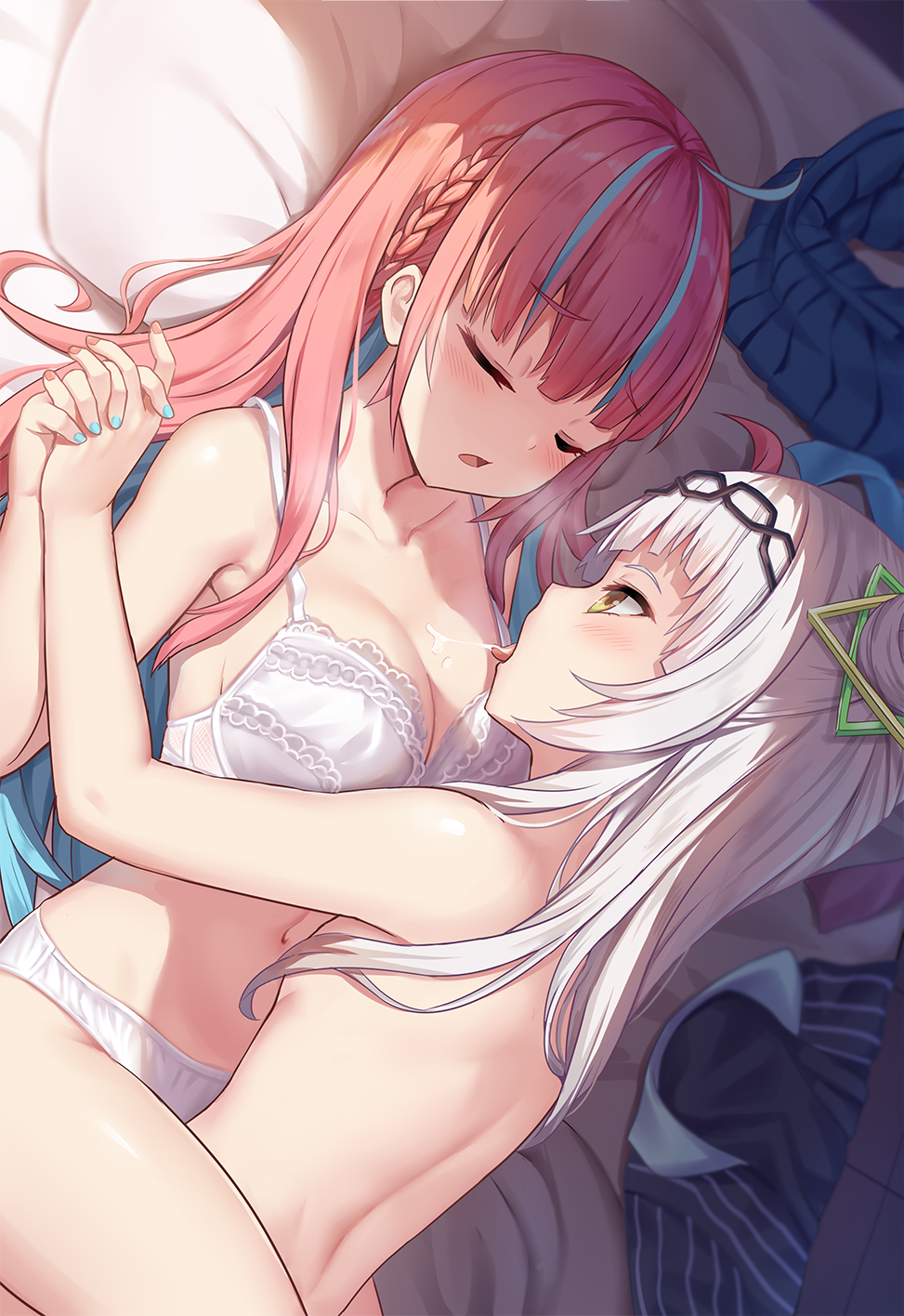 2girls bangs blue_hair blue_nails blue_skirt blunt_bangs blush bra braid breasts closed_eyes clothed_female_nude_female clothes_removed collarbone commentary_request eyebrows_visible_through_hair fingernails hairband highres holding_hands hololive interlocked_fingers licking long_hair looking_at_another medium_breasts minato_aqua multicolored_hair multiple_girls murasaki_shion nail_polish nude panties pillow pink_hair pink_nails saliva shimokirin skirt skirt_removed sleeping tongue tongue_out two-tone_hair underwear underwear_only virtual_youtuber white_bra white_hair white_panties yuri