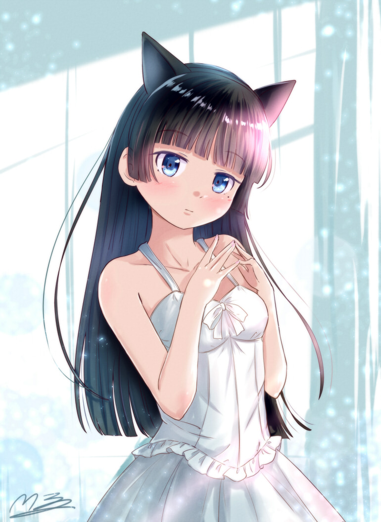 1girl animal_ears bangs black_hair blue_eyes blunt_bangs blush bow_dress cat_ears collarbone cowboy_shot dress eyebrows_visible_through_hair fake_animal_ears fingers_together frilled_dress frills gokou_ruri hands_up long_hair looking_at_viewer m_ko_(maxft2) ore_no_imouto_ga_konna_ni_kawaii_wake_ga_nai shiny shiny_hair signature solo standing wedding_dress white_dress