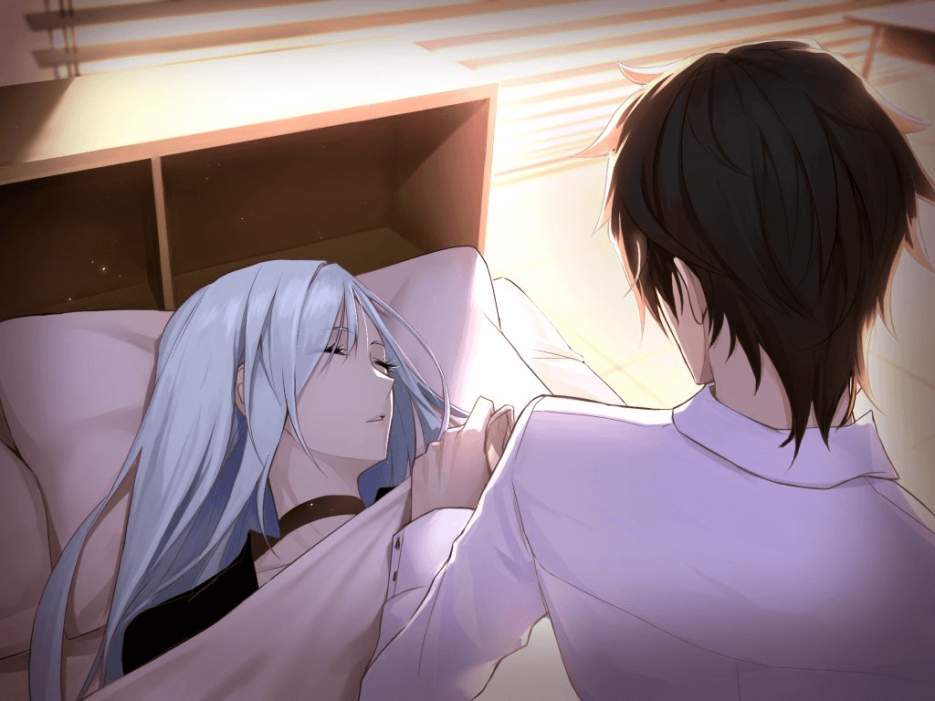 1boy 1girl bangs bed_sheet black_choker brown_hair brynhildr_(fate) choker closed_eyes collarbone fate/empire_of_dirt fate_(series) game_cg hair_between_eyes ikemeru19 indoors long_hair looking_at_another lying nursing on_back parted_lips pillow shiny shiny_hair shirt short_hair silver_hair sleeping under_covers white_shirt