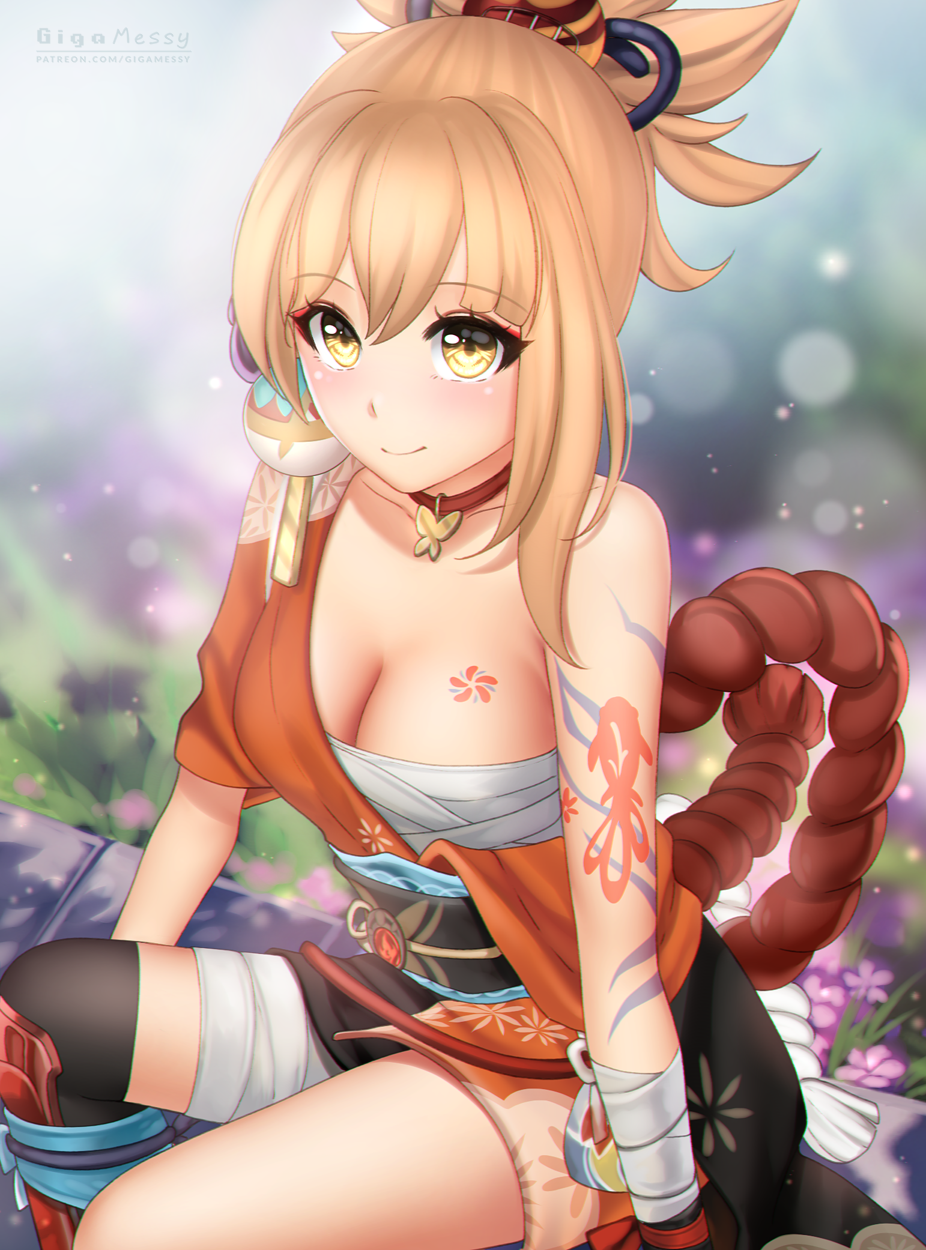 1girl arm_tattoo bandaged_leg bandages bangs bare_shoulders black_sash blonde_hair breasts chest_sarashi chest_tattoo choker cleavage commentary eyebrows_visible_through_hair flower genshin_impact gigamessy highres japanese_clothes kimono lens_flare long_hair looking_at_viewer obi orange_kimono purple_flower red_choker sarashi sash short_kimono short_sleeves sitting smile solo tattoo thighs wrist_wrap yellow_eyes yoimiya_(genshin_impact)