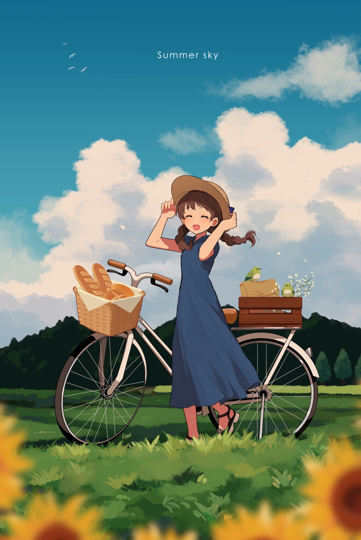 1girl aren_(fubuki-46) artist_name baguette bangs bicycle bicycle_basket bird blue_dress braid bread brown_hair closed_eyes cloud day dress english_text flower food full_body ground_vehicle hand_on_headwear hands_up hat highres open_mouth original outdoors sandals short_sleeves smile solo straw_hat sunflower tree twin_braids twintails