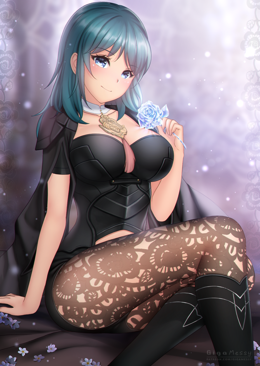 1girl arm_support bangs black_footwear black_shirt blue_eyes blue_flower blue_hair blue_rose boots breasts byleth_(fire_emblem) byleth_(fire_emblem)_(female) commentary eyebrows_visible_through_hair feet_out_of_frame fire_emblem fire_emblem:_three_houses flower gigamessy hand_up highres holding holding_flower large_breasts long_hair looking_at_viewer pantyhose rose shirt short_sleeves sitting smile solo thighs