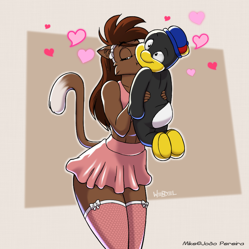 &lt;3 anthro avian bird clothing deborah_bispo domestic_cat duo felid feline felis female kissing male mammal penguin wendel_fragoso