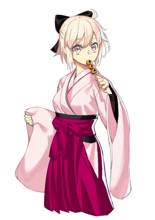 1girl bangs beppu_mitsunaka blonde_hair dango eating eyebrows_behind_hair eyebrows_visible_through_hair fate/grand_order fate_(series) food grey_eyes hair_between_eyes hair_ribbon holding holding_food japanese_clothes kimono kohaku_(tsukihime) looking_at_viewer okita_souji_(fate) okita_souji_(koha-ace) ribbon simple_background solo wagashi white_background