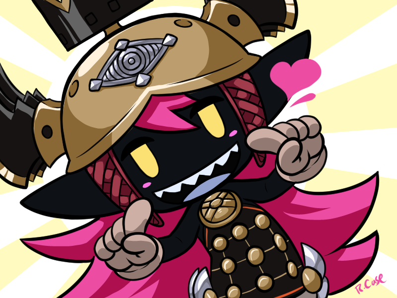 1girl armor armored_dress artist_name black_skin blush_stickers chibi colored_skin crown fake_horns final_fantasy gloves heart helmet horned_helmet horns jitome long_hair looking_at_viewer open_mouth pink_hair pointing pointing_at_self pointy_ears princess_goblin_(woff) robert_j_case sharp_teeth simple_background sleeveless smile solo sunburst sunburst_background teeth upper_body world_of_final_fantasy yellow_eyes