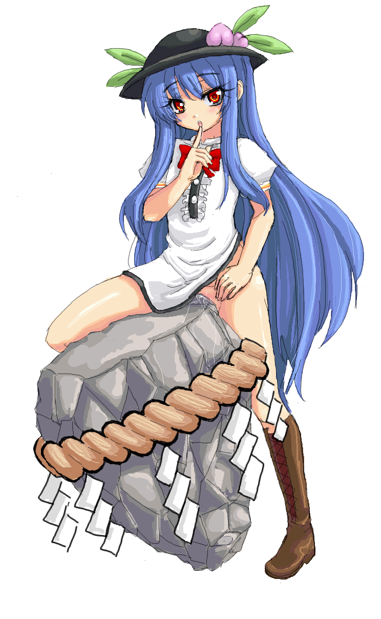 blue_hair bottomless crotch_rub enoko_(zqfebi) food fruit hat highres hinanawi_tenshi keystone long_hair masturbation peach pussy_juice red_eyes rope shimenawa solo touhou