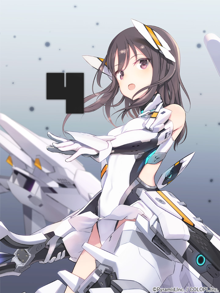 1girl aircraft alice_gear_aegis anniversary bare_shoulders black_hair breasts commentary_request covered_navel cowboy_shot elbow_gloves gloves headgear highleg highleg_leotard holding holding_sword holding_weapon leotard long_hair looking_at_viewer mecha_musume mechanical_legs medium_breasts official_art open_mouth purple_eyes shimada_fumikane solo sword weapon white_leotard yotsuya_yumi