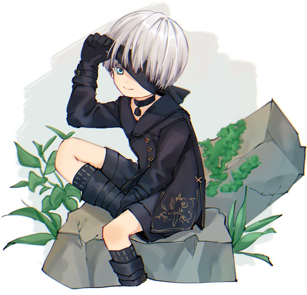 1boy black_blindfold black_legwear blindfold blue_eyes child closed_mouth commentary_request gloves looking_at_viewer nier_(series) nier_automata short_hair shorts sitting toron_0812 white_hair yorha_no._9_type_s