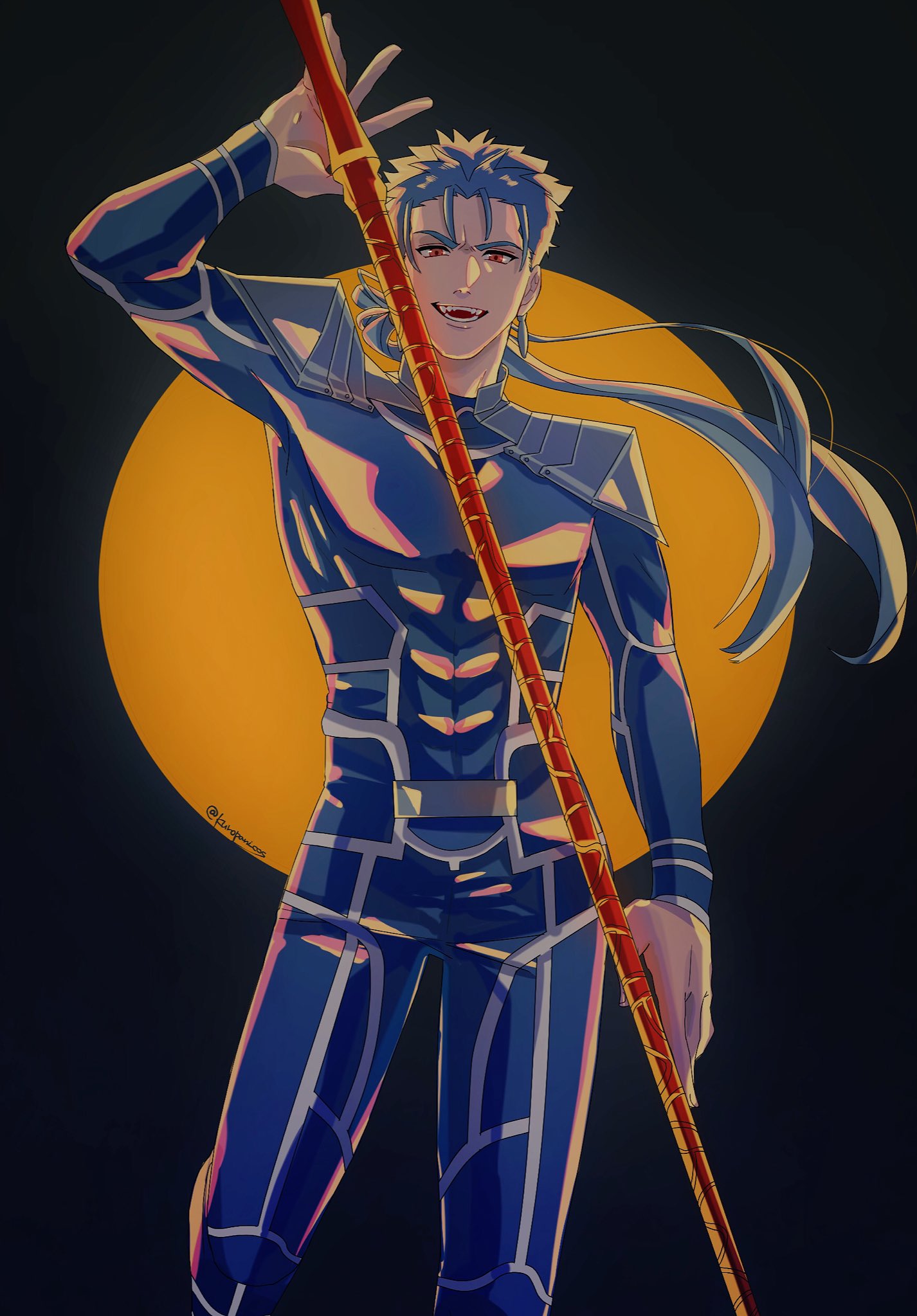 1boy armor biceps blue_bodysuit blue_hair bodysuit cu_chulainn_(fate) cu_chulainn_(fate/stay_night) earrings fangs fate/stay_night fate_(series) floating_hair gae_bolg_(fate) grin highres holding holding_polearm holding_weapon jewelry kuropani_cos long_hair looking_at_viewer male_focus muscular muscular_male open_mouth pauldrons pectorals polearm ponytail red_eyes shoulder_armor skin_tight smile solo spiked_hair weapon