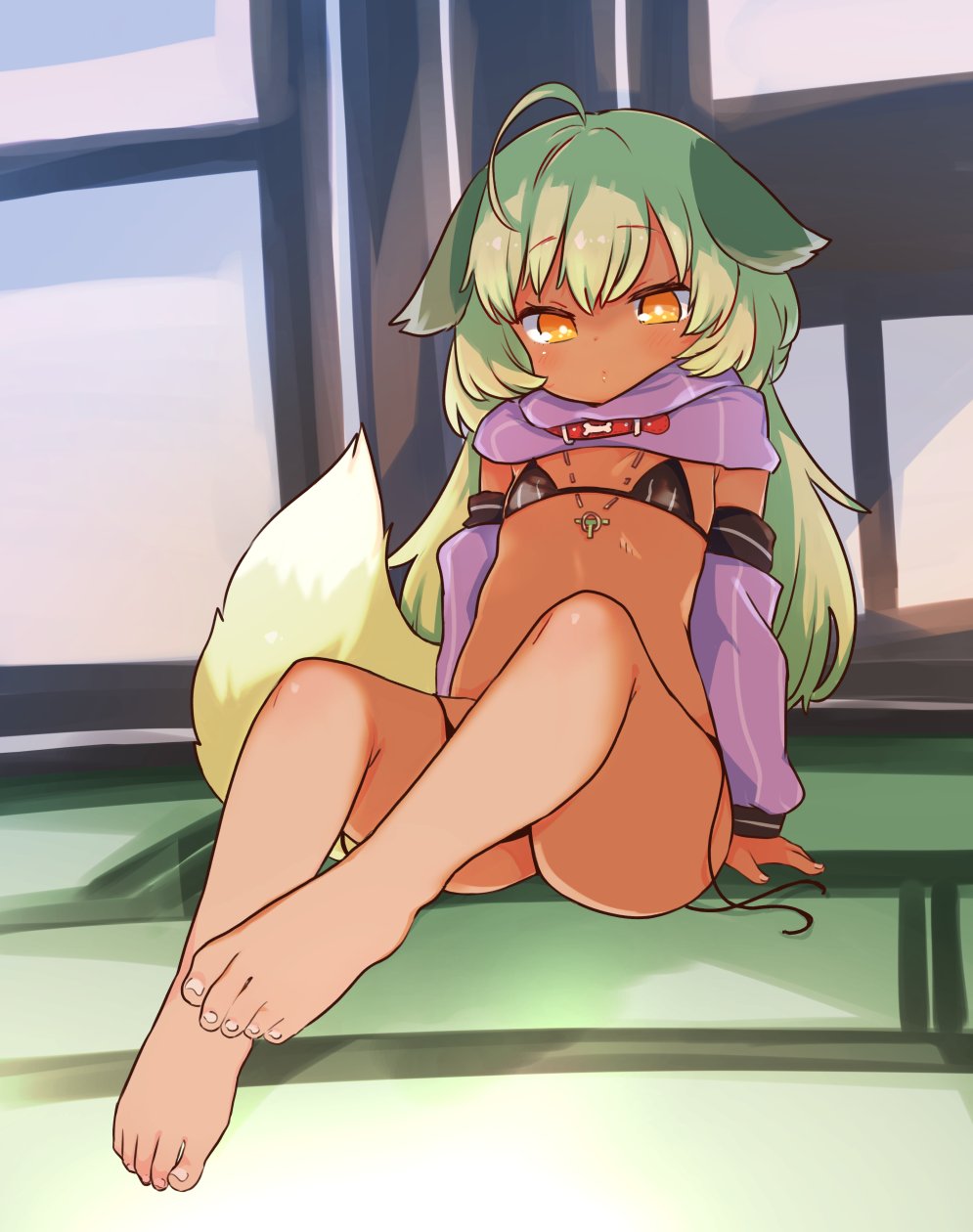 1girl ahoge animal_ears arm_warmers barefoot bikini black_bikini breasts brown_eyes dark-skinned_female dark_skin dog_ears dog_girl dog_tail done_(donezumi) feet green_hair highres legs long_hair navel original purple_scarf scarf side-tie_bikini sitting small_breasts solo swimsuit tail thighs titi-chan_(nezumi_inu) toes untied untied_bikini