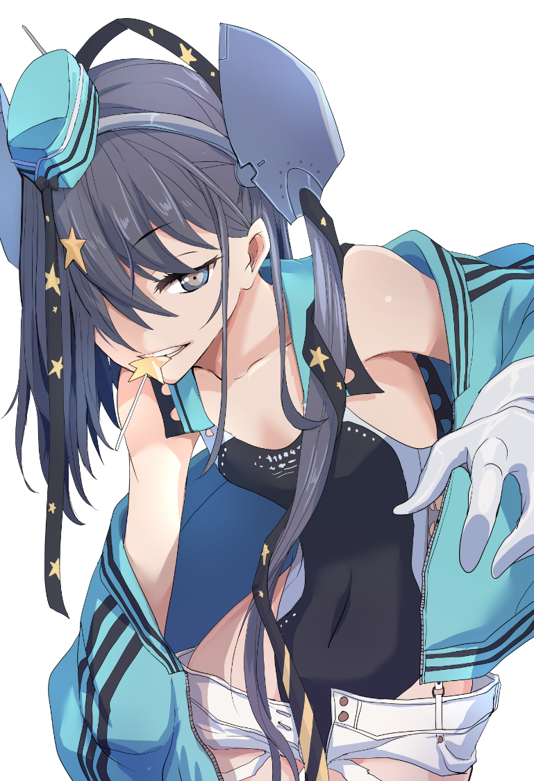 1girl aqua_headwear black_ribbon black_swimsuit blue_jacket boushi-ya clenched_teeth commentary competition_swimsuit cowboy_shot garrison_cap gloves grey_eyes grey_hair hair_ornament hair_ribbon hat jacket kantai_collection leaning_forward long_hair looking_at_viewer one-piece_swimsuit ribbon scamp_(kancolle) short_shorts shorts side_ponytail simple_background solo star_(symbol) star_hair_ornament swimsuit teeth white_background white_gloves white_shorts