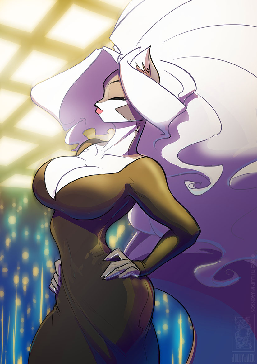 anthro big_breasts big_hair breasts chloe_sinclaire cleavage clothed clothing conditional_dnp dress eyes_closed female hair hands_on_hips jollyjack mammal mephitid skunk solo