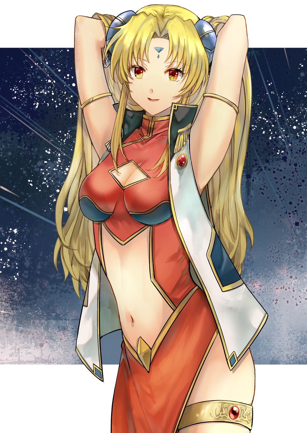 1girl anzk232 armlet bare_arms blonde_hair breasts brown_eyes cleavage cleavage_cutout closed_mouth clothing_cutout dress facial_mark galaxy_angel hair_intakes hands_in_hair highres long_hair looking_at_viewer medium_breasts midriff navel ranpha_franboise red_dress red_lips sleeveless smile solo stomach thighlet very_long_hair