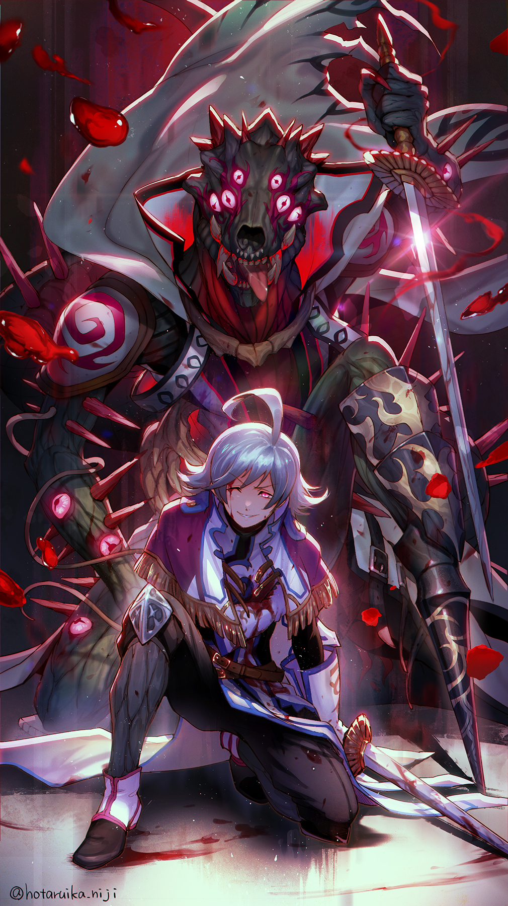 1boy ahoge alloces_(megido72) belt black_pants bleeding blood blood_on_clothes blood_on_face capelet commentary_request demon_horns gloves gold_trim highres holding holding_sword holding_weapon horns hotaruika_niji injury kneeling male_focus megido72 monster pants red_eyes silver_hair sword weapon white_gloves