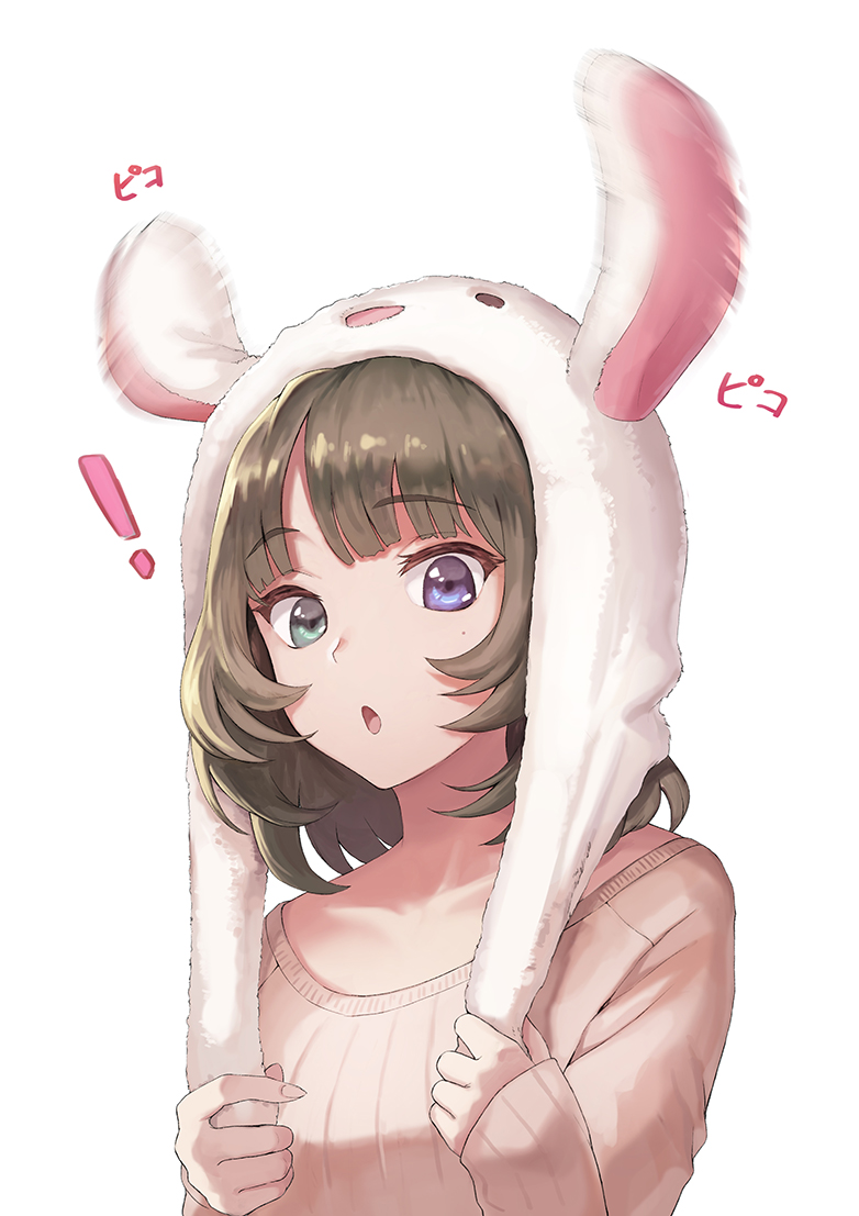 ! 1girl :o animal_ears animal_hat bangs blue_eyes brown_hair brown_sweater bunny_ears commentary_request eyebrows_visible_through_hair fake_animal_ears flapping_ears green_eyes hands_up hat heterochromia holding idolmaster idolmaster_cinderella_girls long_sleeves looking_at_viewer meto31 mole mole_under_eye motion_blur parted_lips ribbed_sweater short_hair simple_background sleeves_past_wrists solo sweater takagaki_kaede upper_body white_background