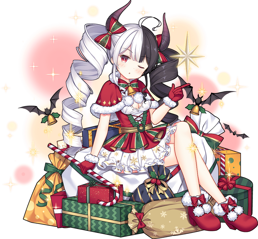 1girl ahoge ark_order bangs bat bell belt black_hair blush boots bow breasts candy candy_cane capelet christmas cleavage dress food frilled_dress frills fur-trimmed_boots fur-trimmed_gloves fur_trim gift gift_bag gloves green_bow hair_bow hela_(ark_order) holding holding_candy holding_candy_cane holding_food holly horns ikataruto looking_at_viewer medium_breasts multicolored_hair official_art one_eye_closed parted_lips pom_pom_(clothes) red_bow red_capelet red_dress red_eyes red_footwear red_gloves sidelocks sitting solo sparkle split-color_hair tachi-e two-tone_bow white_hair