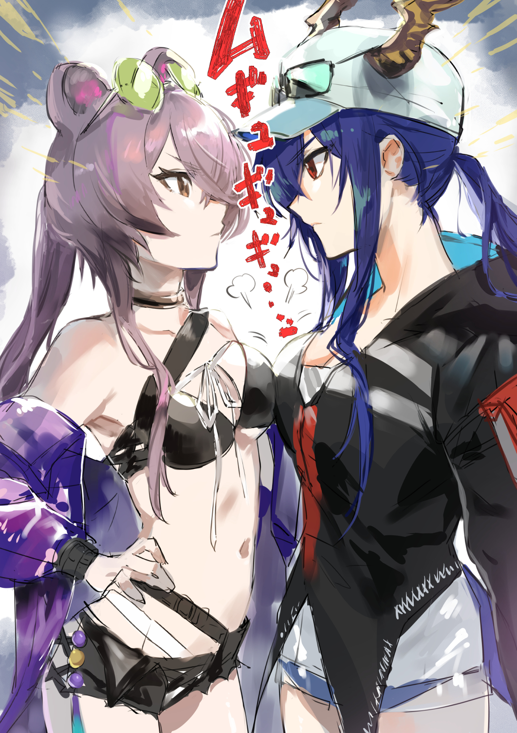 2girls animal_ears arknights armpits asymmetrical_docking bare_shoulders baseball_cap belt bikini black_bikini black_choker black_jacket black_shorts blue_hair breast_press breasts brown_eyes ch'en_(arknights) ch'en_the_holungday_(arknights) choker cleavage closed_mouth collarbone cowboy_shot dragon_horns eye_contact eyewear_on_head green-tinted_eyewear hand_on_hip hat highres horns horns_through_headwear ito_uuu jacket large_breasts lin_(breath_of_fire) long_hair long_sleeves looking_at_another medium_breasts motion_lines mouse_ears multiple_girls navel no_pants open_clothes open_jacket ponytail profile purple_hair purple_jacket red_eyes see-through short_shorts shorts sidelocks stomach sunglasses swimsuit tinted_eyewear translation_request white_headwear