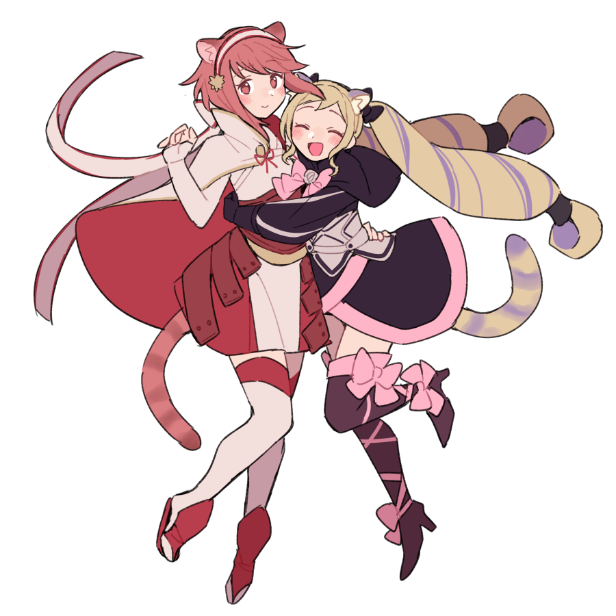 2girls animal_ears armored_skirt bangs black_dress black_ribbon blonde_hair blush boots capelet cat_ears cat_tail closed_eyes do_m_kaeru dress drill_hair elise_(fire_emblem) eyebrows_visible_through_hair fire_emblem fire_emblem_fates full_body hair_ribbon hug japanese_clothes kimono long_hair looking_at_viewer multicolored_hair multiple_girls pink_eyes pink_hair red_ribbon ribbon sakura_(fire_emblem) short_hair sleeveless sleeveless_kimono tail thigh_boots thighhighs twin_drills two-tone_hair very_long_hair white_background white_kimono white_legwear