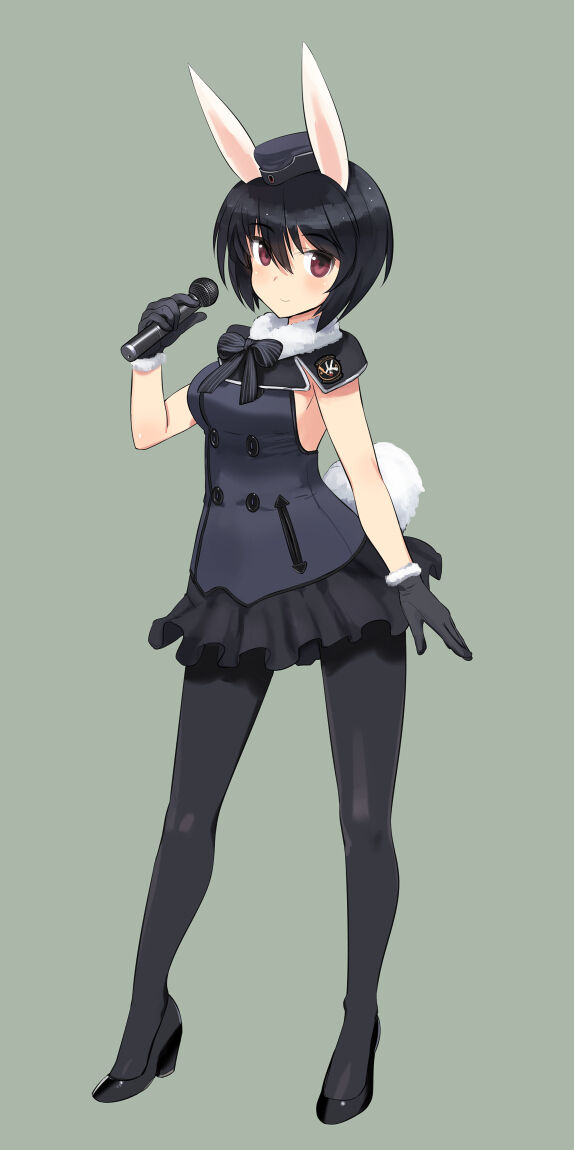 1girl 502nd_joint_fighter_wing_(emblem) animal_ears black_footwear black_gloves black_hair black_legwear brave_witches closed_mouth dress garrison_cap gloves hat idol mary_janes microphone pantyhose rabbit_ears rabbit_tail red_eyes shimada_fumikane shimohara_sadako shoes simple_background sleeveless sleeveless_dress solo tail world_witches_series