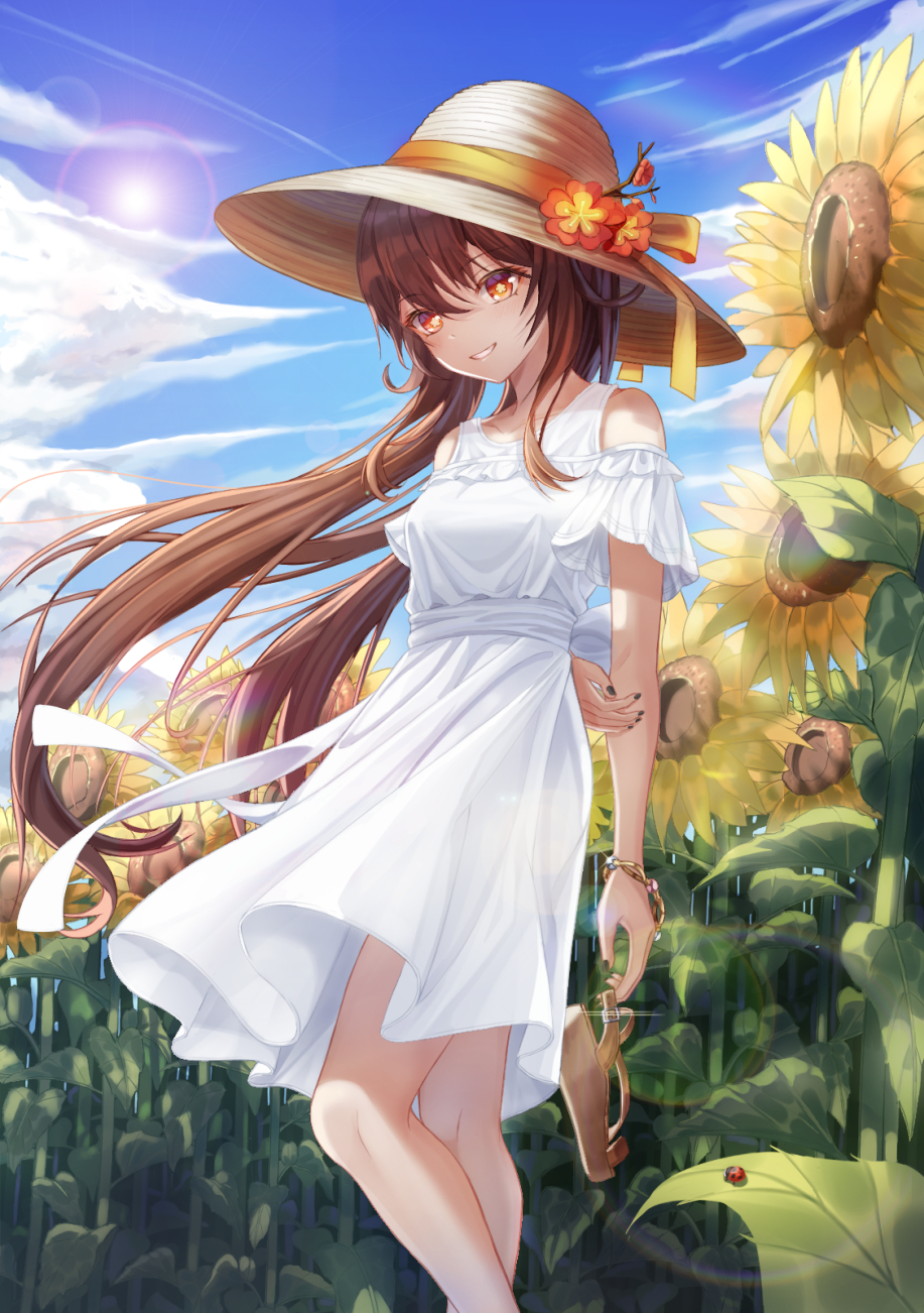 1girl alternate_costume arms_behind_back bangs black_nails blue_sky bracelet breasts brown_hair bug cloud day dress eyebrows_visible_through_hair flower frilled_dress frills hair_between_eyes hand_on_own_arm hat hat_flower hat_ribbon highres hu_tao_(genshin_impact) jewelry ladybug long_hair looking_at_viewer nail_polish outdoors red_eyes ribbon sandals sandals_removed sky slime_nyang small_breasts smile solo standing straw_hat sun sundress sunflower symbol-shaped_pupils very_long_hair white_dress wind yellow_ribbon