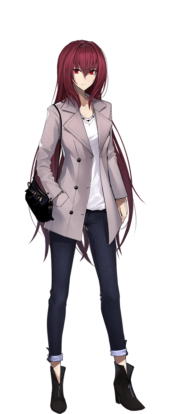 1girl bag bangs black_footwear blue_pants boots bracelet closed_mouth coat collarbone denim eyebrows_visible_through_hair fate/empire_of_dirt fate_(series) full_body game_cg grey_coat hair_between_eyes hair_intakes hand_in_pocket handbag high_heel_boots high_heels highres ikemeru19 jewelry long_hair long_sleeves looking_at_viewer open_clothes open_coat pants red_eyes red_hair scathach_(fate) shiny shiny_hair shirt solo standing straight_hair tachi-e transparent_background very_long_hair white_shirt