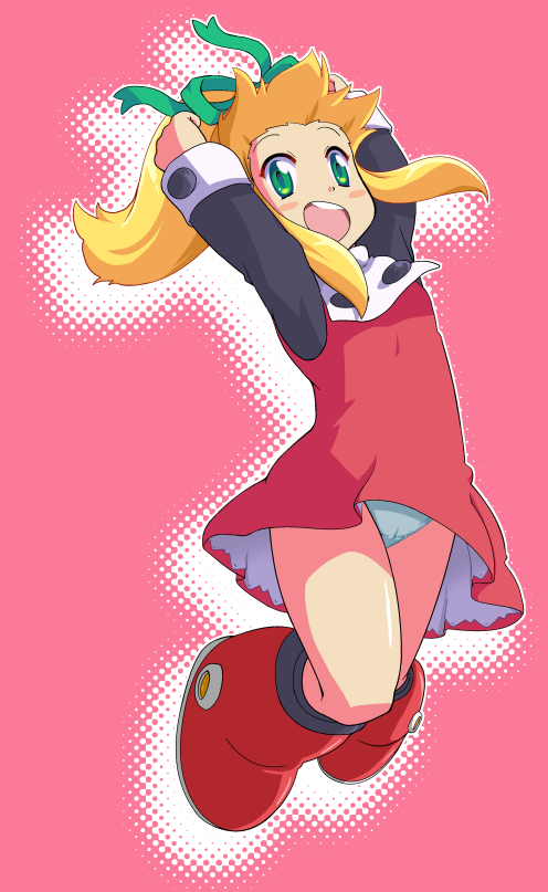 1girl blonde_hair dress full_body green_eyes green_ribbon hair_ribbon ki_(adotadot) long_hair mega_man_(classic) mega_man_(series) open_mouth panties ponytail red_dress red_skirt ribbon roll_(mega_man) simple_background skirt smile solo underwear