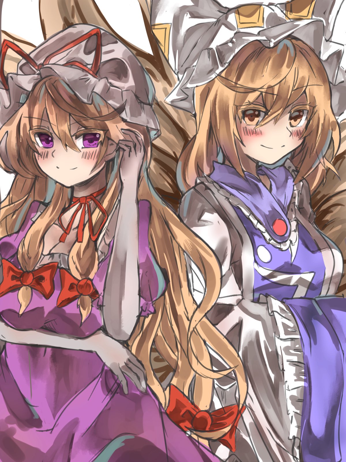 2girls animal_ears blonde_hair blue_tabard blush dress elbow_gloves fox_ears fox_tail frilled_dress frills gloves hair_brushing hand_in_hair hands_in_opposite_sleeves hat hat_ribbon highres kitsune long_hair long_sleeves looking_at_viewer mob_cap multiple_girls multiple_tails own_hands_together pillow_hat puffy_short_sleeves puffy_sleeves purple_dress purple_eyes red_ribbon ribbon short_sleeves simple_background smile sutaku77224 tabard tail touhou white_background white_dress wide_sleeves yakumo_ran yakumo_yukari yellow_eyes