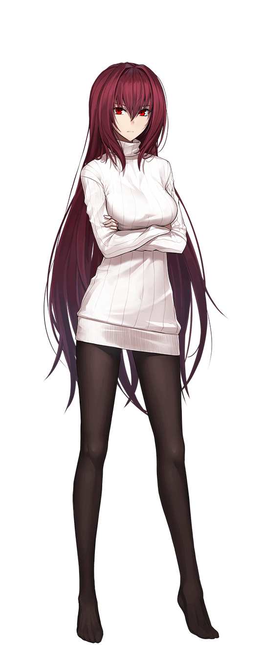 1girl bangs black_legwear breasts closed_mouth crossed_arms dress eyebrows_visible_through_hair fate/empire_of_dirt fate_(series) full_body game_cg hair_between_eyes hair_intakes highres ikemeru19 large_breasts long_hair long_sleeves looking_at_viewer pantyhose red_eyes red_hair scathach_(fate) shiny shiny_hair short_dress solo standing straight_hair sweater sweater_dress tachi-e transparent_background turtleneck turtleneck_sweater very_long_hair white_dress white_sweater