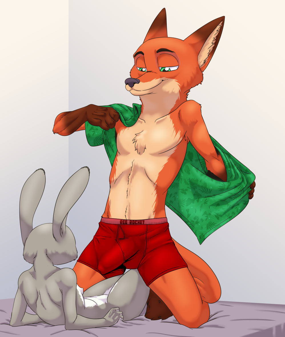 2022 akiric aloha_shirt anthro anthro_on_anthro bare_chest biped boxers_(clothing) breasts brown_body brown_fur bulge canid canine clothed clothed/nude clothed_male_nude_female clothing dipstick_ears dipstick_tail disney duo erection erection_under_clothing female fox fur genital_outline gloves_(marking) grey_body grey_fur interspecies judy_hopps kneeling lagomorph leporid lying male male/female mammal markings multicolored_body multicolored_ears multicolored_fur nick_wilde nipples nude off_shoulder on_front open_clothing open_shirt open_topwear orange_body orange_fur pattern_clothing pattern_shirt pattern_topwear penis_outline predator/prey rabbit red_fox shirt small_breasts tail_markings tan_body tan_fur text text_on_boxers text_on_clothing text_on_underwear topwear two_tone_body two_tone_fur underwear undressing white_body white_fur zootopia