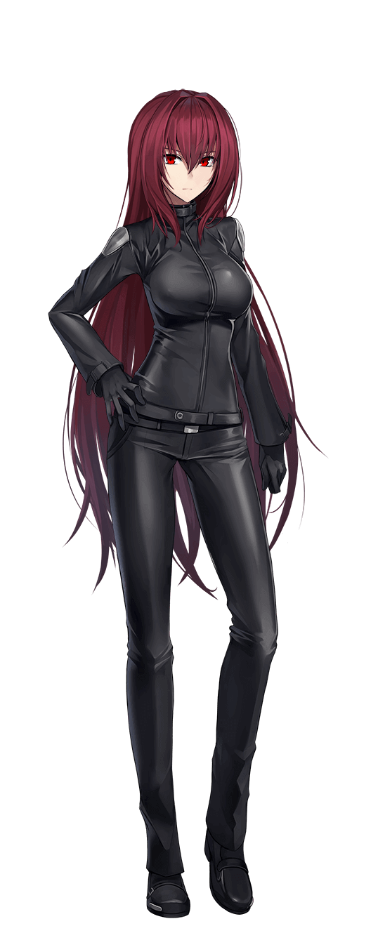 1girl bangs belt black_belt black_footwear black_gloves black_jacket black_pants breasts closed_mouth eyebrows_visible_through_hair fate/empire_of_dirt fate_(series) full_body game_cg gloves hair_between_eyes hair_intakes hand_on_hip highres ikemeru19 jacket large_breasts long_hair long_sleeves looking_at_viewer pants red_eyes red_hair scathach_(fate) shiny shiny_clothes shiny_hair solo standing straight_hair tachi-e transparent_background very_long_hair