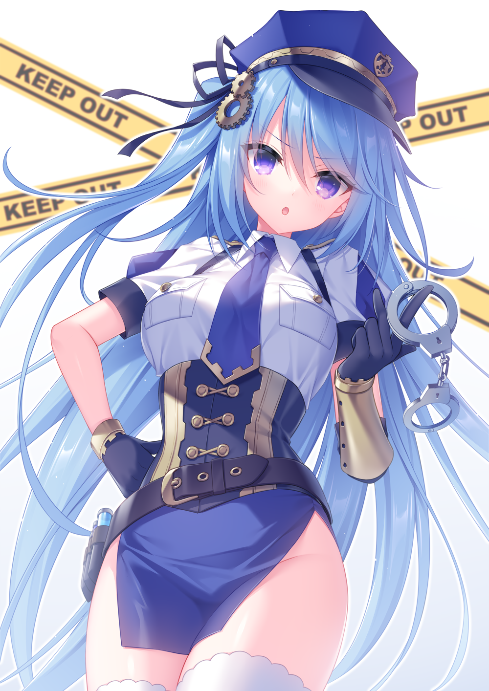 1girl :o bangs black_gloves blue_hair blue_headwear blue_necktie blue_skirt breasts caution_tape collared_shirt commentary commission cuffs eyebrows_visible_through_hair gloves gradient gradient_background grey_background groin hair_between_eyes hand_on_hip handcuffs hat highres impossible_clothes keep_out long_hair medium_breasts necktie one_side_up original outline parted_lips peaked_cap police police_hat police_uniform policewoman puffy_short_sleeves puffy_sleeves purple_eyes sakura_neko shirt short_sleeves skirt solo thighhighs uniform v-shaped_eyebrows very_long_hair white_background white_legwear white_outline white_shirt