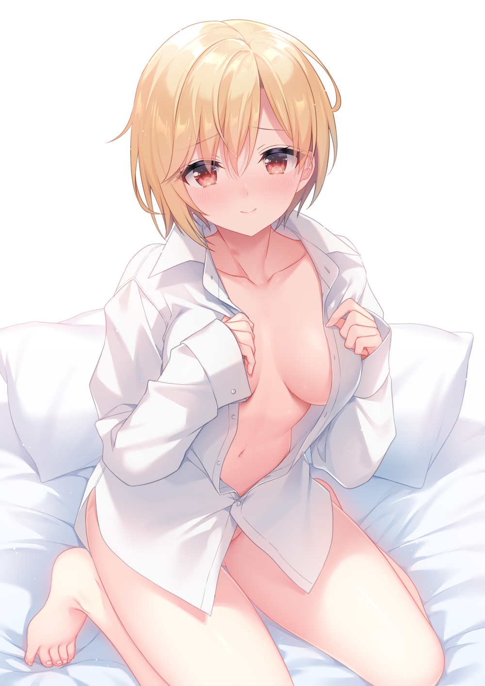 1girl ass_visible_through_thighs bangs barefoot bed_sheet blonde_hair breasts closed_mouth collared_shirt commentary_request commission dress_shirt eyebrows_visible_through_hair groin hair_between_eyes hands_up highres long_sleeves looking_at_viewer medium_breasts naked_shirt original pillow pixiv_request red_eyes sakura_neko shirt simple_background sleeves_past_wrists smile solo white_background