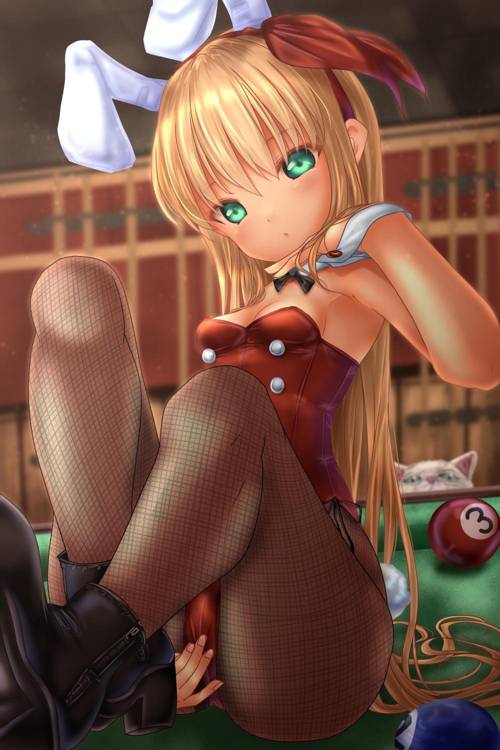 1boy adapted_costume animal_ears bar blonde_hair boots bow bowtie breasts buttons cat cleavage clip_studio_paint_(medium) closed_mouth commentary_request cue_stick detached_collar ellen_(touhou) eyebrows_visible_through_hair fake_animal_ears fake_tail fishnet_legwear fishnets hair_bow hairband high_heel_boots high_heels highres indoors leotard long_hair on_table pantyhose playboy_bunny pool_ball pool_table rabbit_ears rabbit_tail red_bow red_hairband red_leotard shounen_(hogehoge) siting sitting sitting_on_table small_breasts sokrates_(touhou) strapless strapless_leotard table tail touhou touhou_(pc-98) very_long_hair white_cat wrist_cuffs
