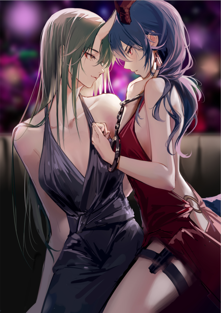 2girls arknights backless_dress backless_outfit bare_arms bare_shoulders black_dress blue_hair blurry bokeh breasts ch'en_(arknights) clouble cocktail_dress cuffs depth_of_field dragon_horns dress green_hair handcuffs horns hoshiguma_(arknights) looking_at_another medium_breasts multiple_girls oni_horns profile red_eyes single_horn sleeveless sleeveless_dress thigh_strap yuri