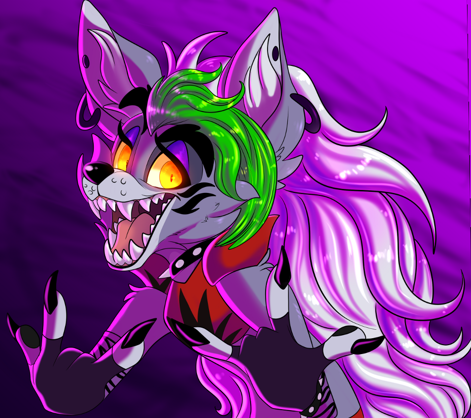 2022 abstract_background anthro big_ears black_nose breasts canid canine canis claws clothed clothing collar detailed devil_horns_(gesture) ear_piercing ear_ring eyelashes facial_markings fangs female five_nights_at_freddy's five_nights_at_freddy's:_security_breach fur gesture glowing glowing_eyes green_hair grey_body grey_ears grey_fur hair happy head_markings long_hair looking_at_viewer mammal markings multicolored_body multicolored_ears multicolored_fur multicolored_hair open_mouth pawpads paws piercing plaguedogs123 portrait pose pupils purple_background rockstar roxanne_wolf_(fnaf) scottgames sharp_claws sharp_teeth shirt shoulder_guards simple_background slit_pupils smile solo spiked_collar spikes standing teeth tongue toony topwear video_games white_body white_ears white_fur white_hair wolf yellow_eyes