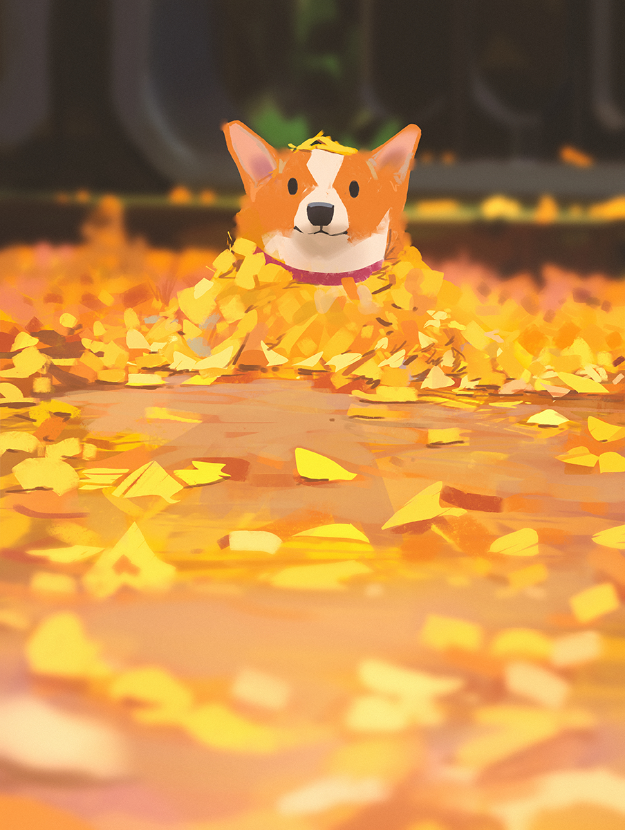 :3 animal animal_focus autumn autumn_leaves blurry blurry_background blurry_foreground closed_mouth collar dog english_commentary highres looking_at_viewer no_humans original painting red_collar sketch snatti tree welsh_corgi