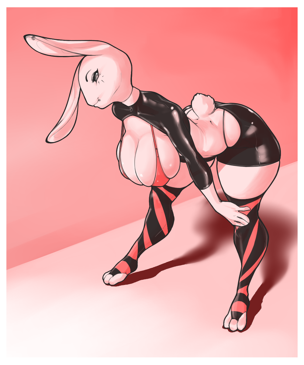 5:6 anthro bent_over big_breasts border breasts cleavage clothed clothing conditional_dnp female fur hi_res lagomorph legwear leporid mammal rabbit shadow skimpy solo thigh_highs white_body white_border white_fur xopachi