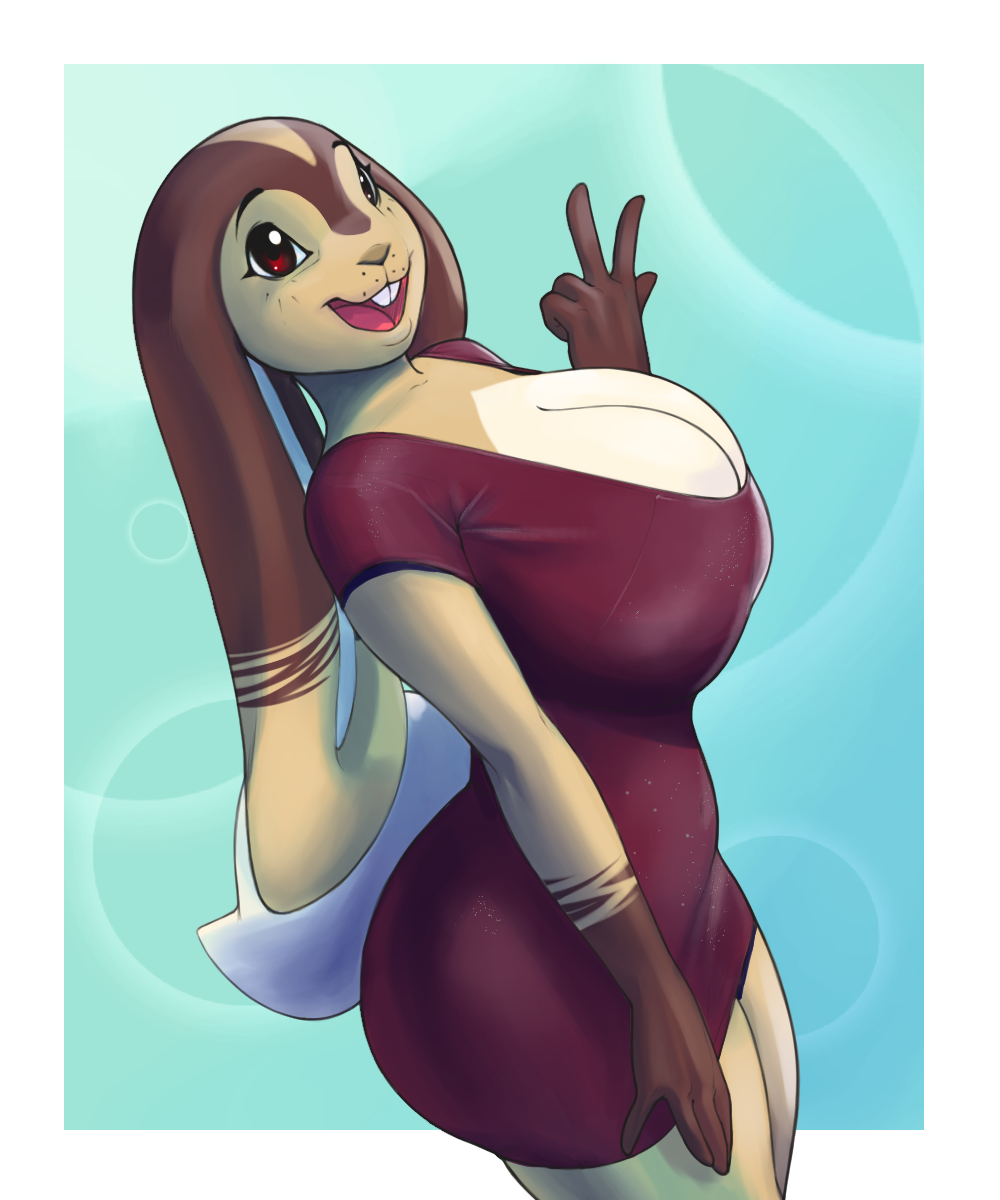 5:6 anthro big_breasts breasts buckteeth cleavage clothed clothing conditional_dnp dress female fingers hi_res huge_breasts lagomorph leporid mammal multicolored_body rabbit solo teeth xopachi