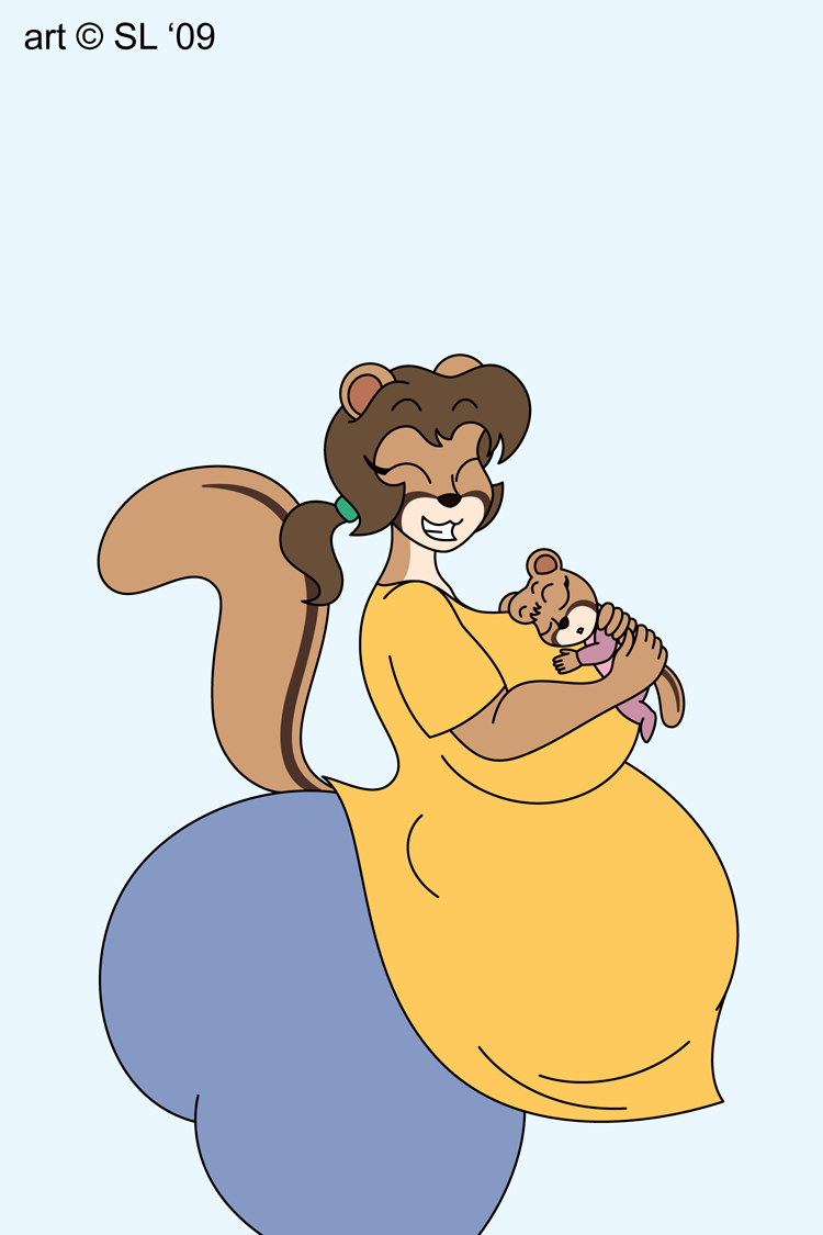 2009 ambiguous_gender anthro belly big_belly big_breasts big_butt bottomwear breasts brown_hair butt chipmunk clothed clothing digital_media_(artwork) duo eyes_closed female ground_squirrel hair huge_breasts huge_butt mammal mother mother_and_child pants parent parent_and_child ponytail pregnant rodent satsumalord sciurid shirt simple_background smile solo terry_(satsumalord) thick_thighs topwear