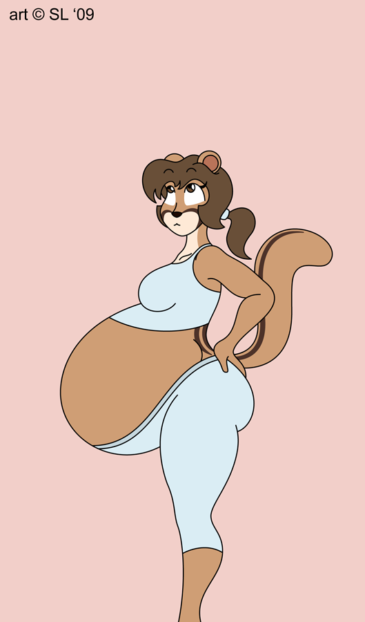 2009 belly big_belly bottomwear breasts brown_eyes brown_hair chipmunk clothing digital_media_(artwork) female ground_squirrel hair mammal pants ponytail pregnant rodent satsumalord sciurid simple_background solo terry_(satsumalord) topwear